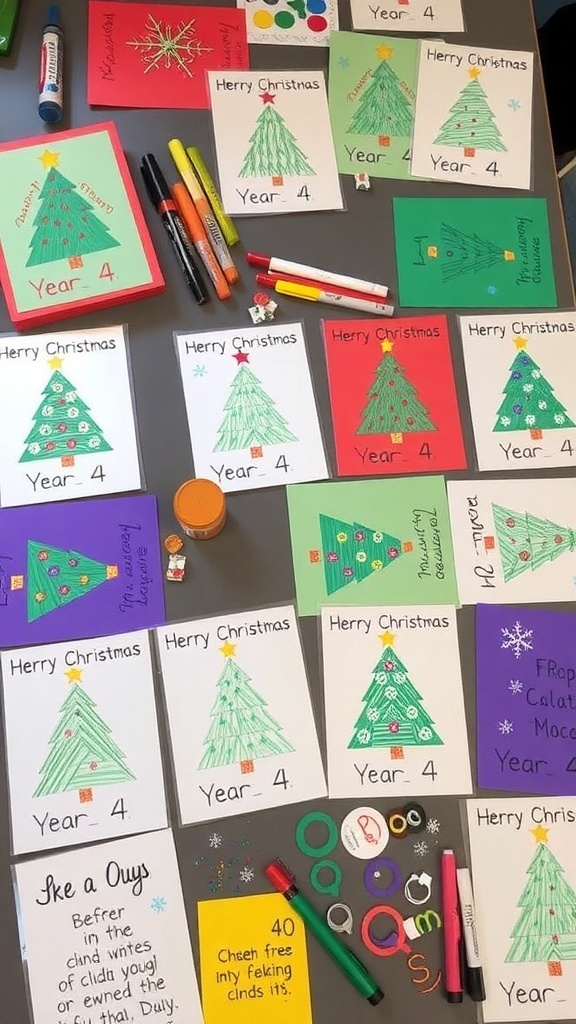 A collection of vibrant handmade Christmas cards with various designs on a crafting table.